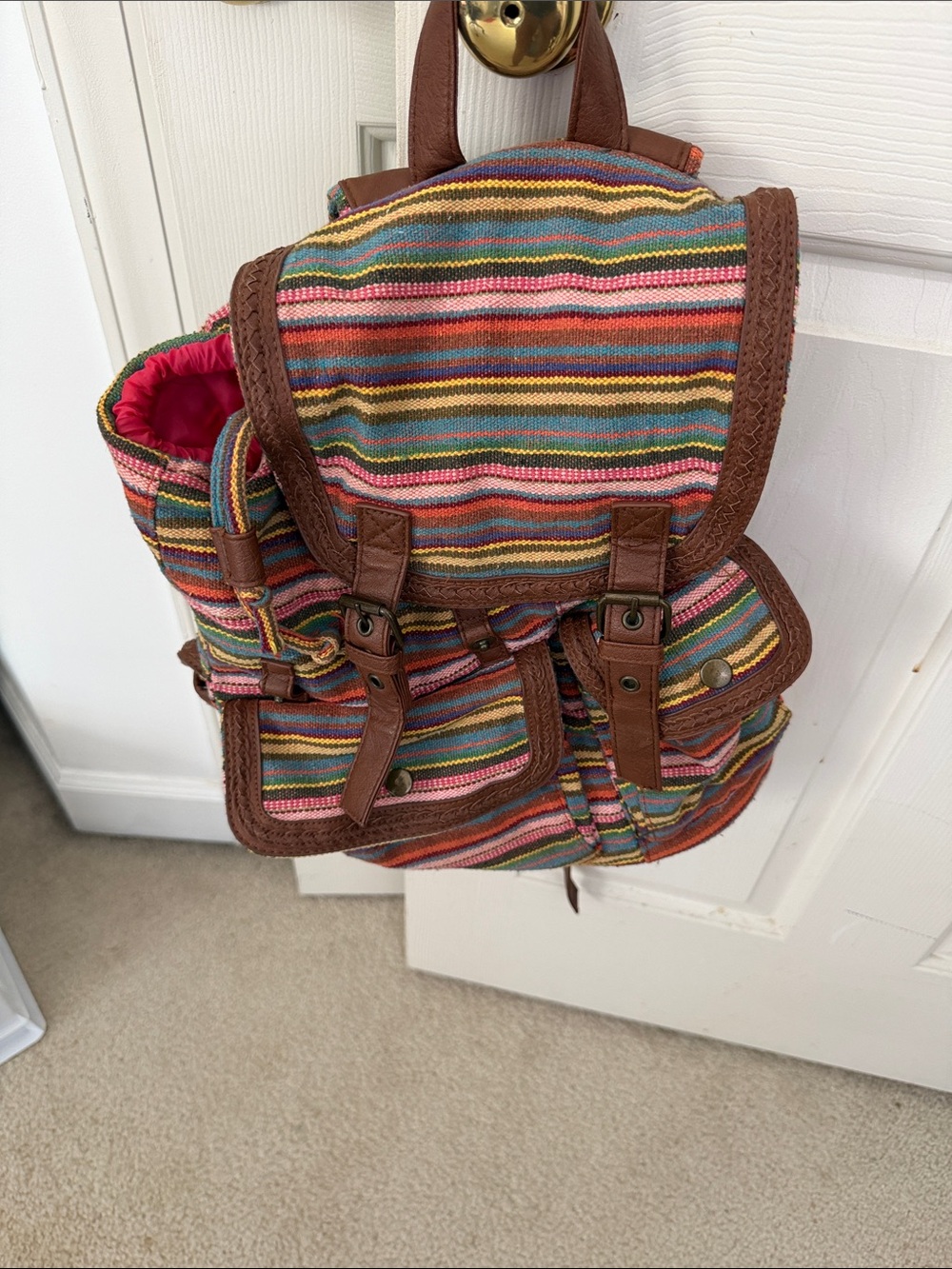 Multicolor Striped Canvas Backpack with Brown Trim